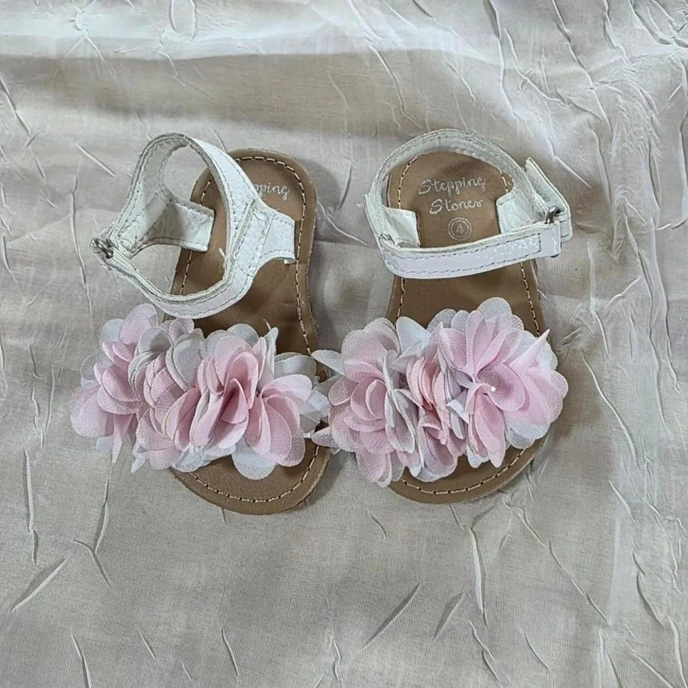 Stepping Stones Baby Girls White Pink Floral Sandals‎ Size 4 Boho Cottagecore